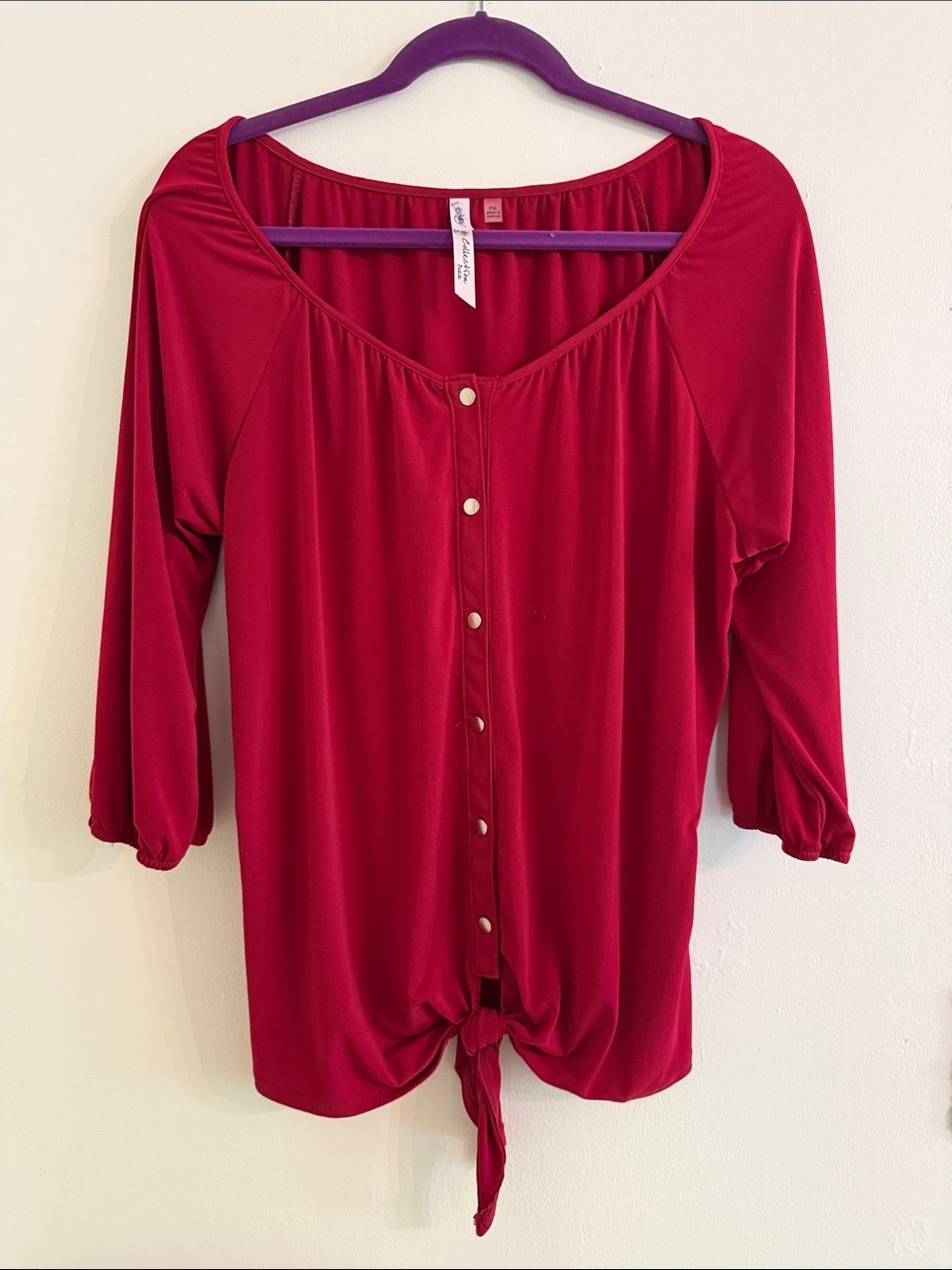 NY Collection Womens Crimson Button-Front Tie-Hem Blouse Size PXL